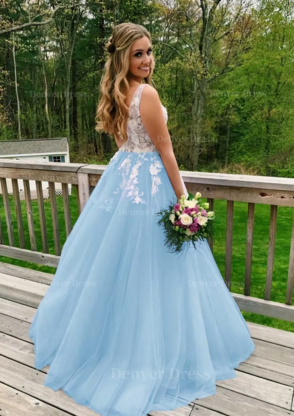 Princess V Neck Sweep Train Tulle Prom Dress With Appliqued