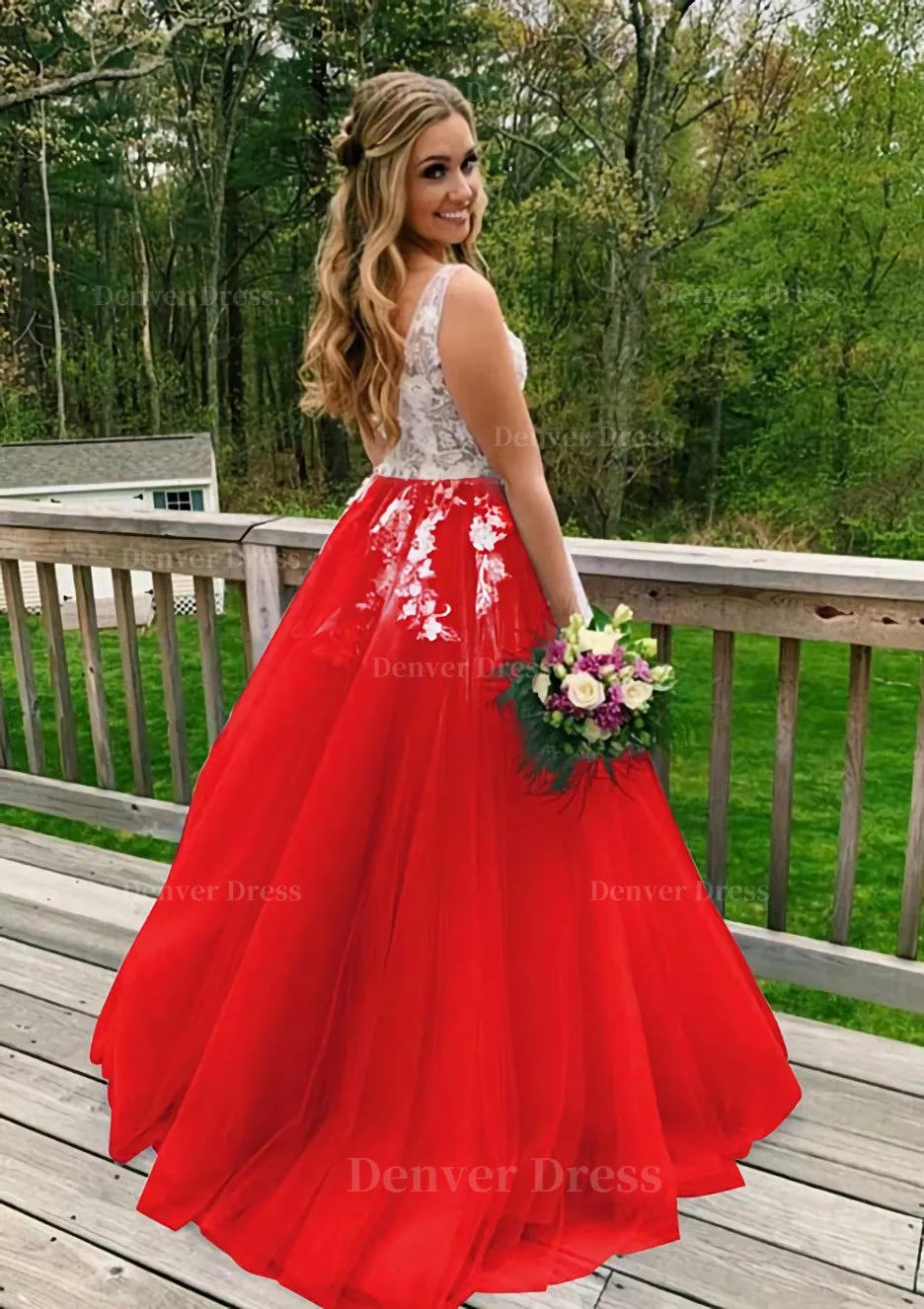 Princess V Neck Sweep Train Tulle Prom Dress With Appliqued