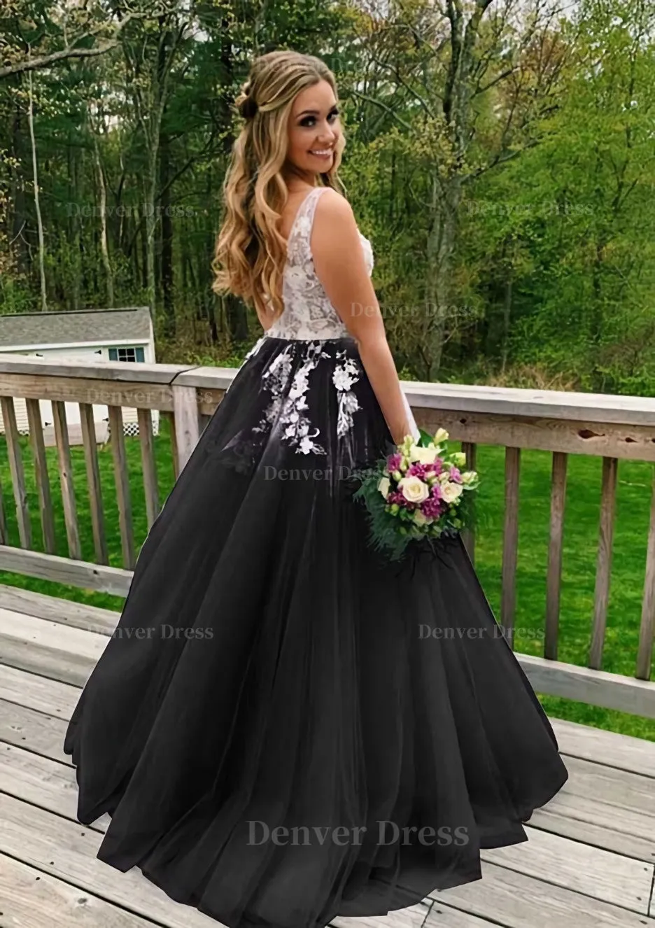 Princess V Neck Sweep Train Tulle Prom Dress With Appliqued