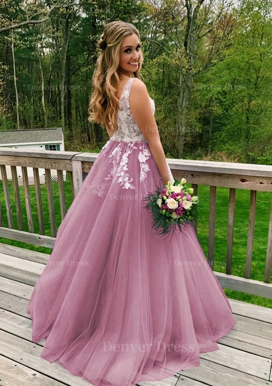 Princess V Neck Sweep Train Tulle Prom Dress With Appliqued