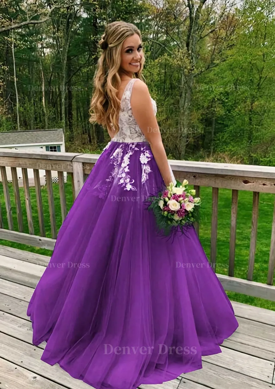 Princess V Neck Sweep Train Tulle Prom Dress With Appliqued