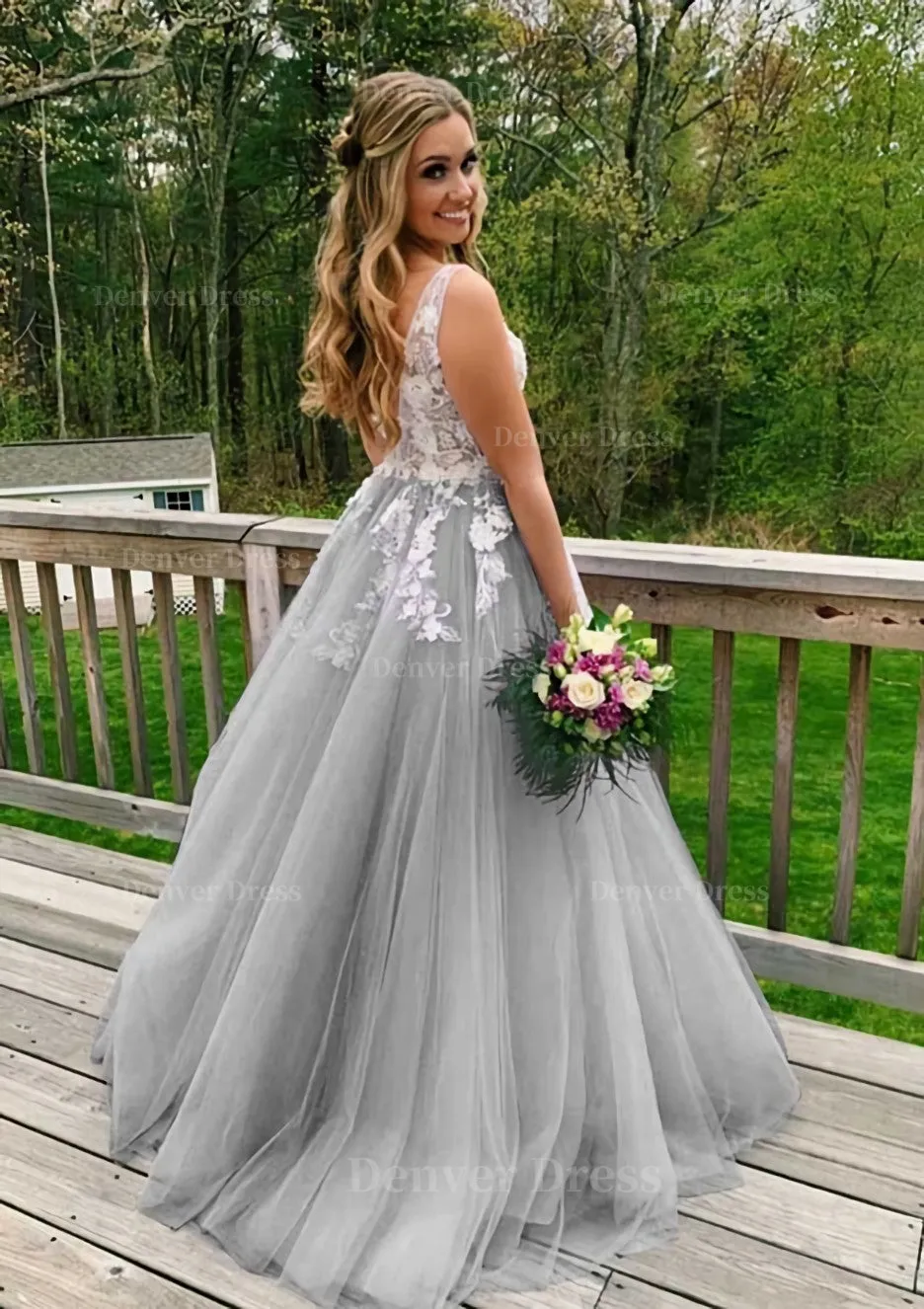 Princess V Neck Sweep Train Tulle Prom Dress With Appliqued