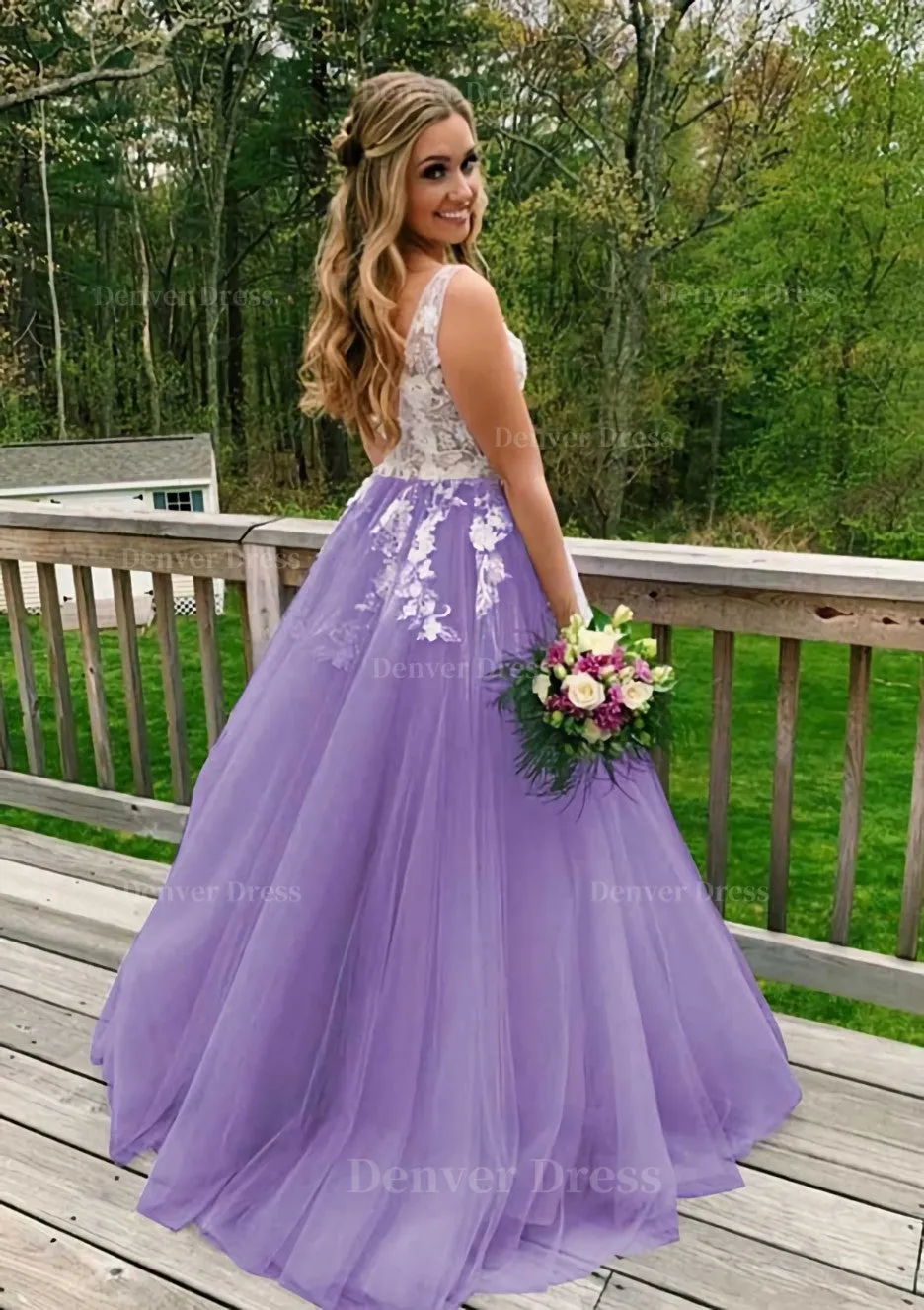 Princess V Neck Sweep Train Tulle Prom Dress With Appliqued