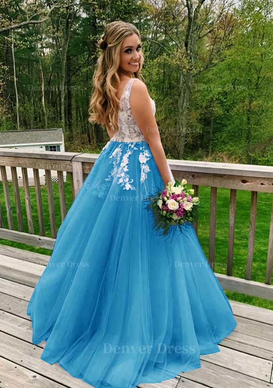 Princess V Neck Sweep Train Tulle Prom Dress With Appliqued