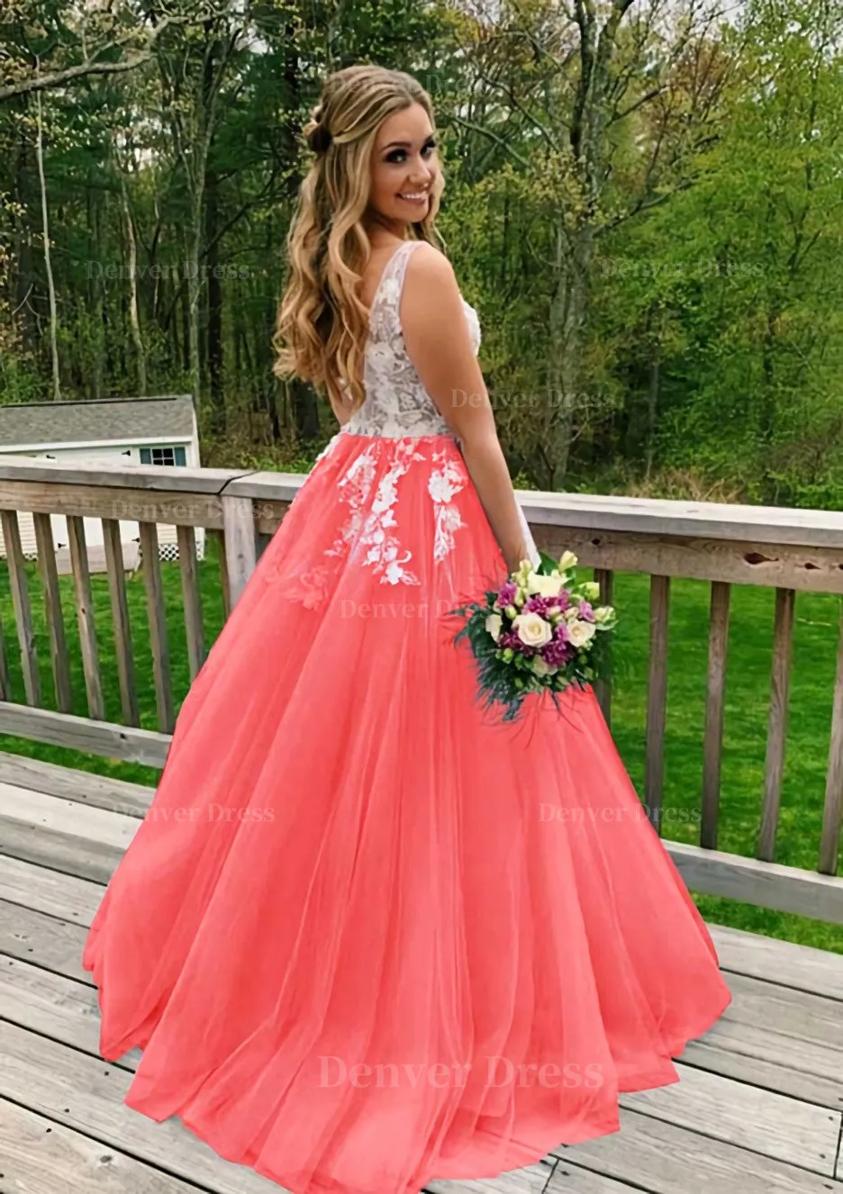 Princess V Neck Sweep Train Tulle Prom Dress With Appliqued