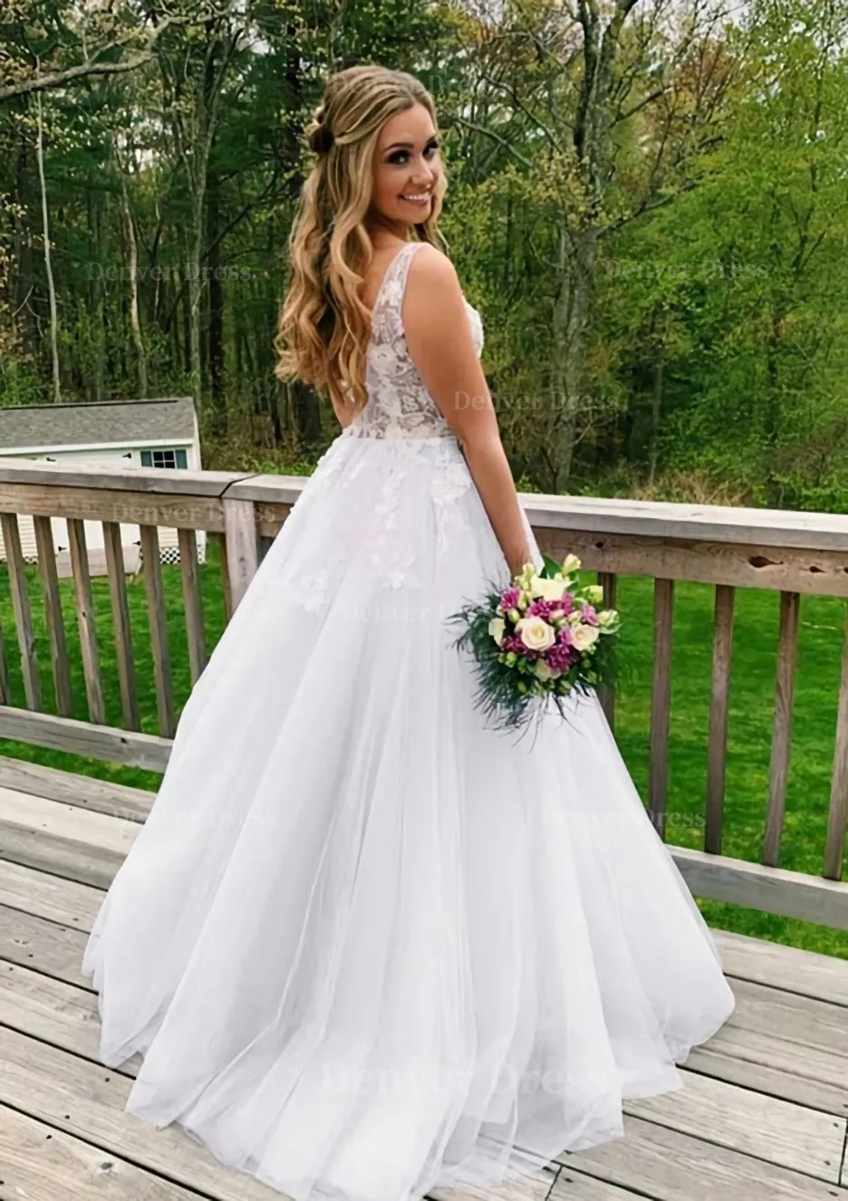 Princess V Neck Sweep Train Tulle Prom Dress With Appliqued