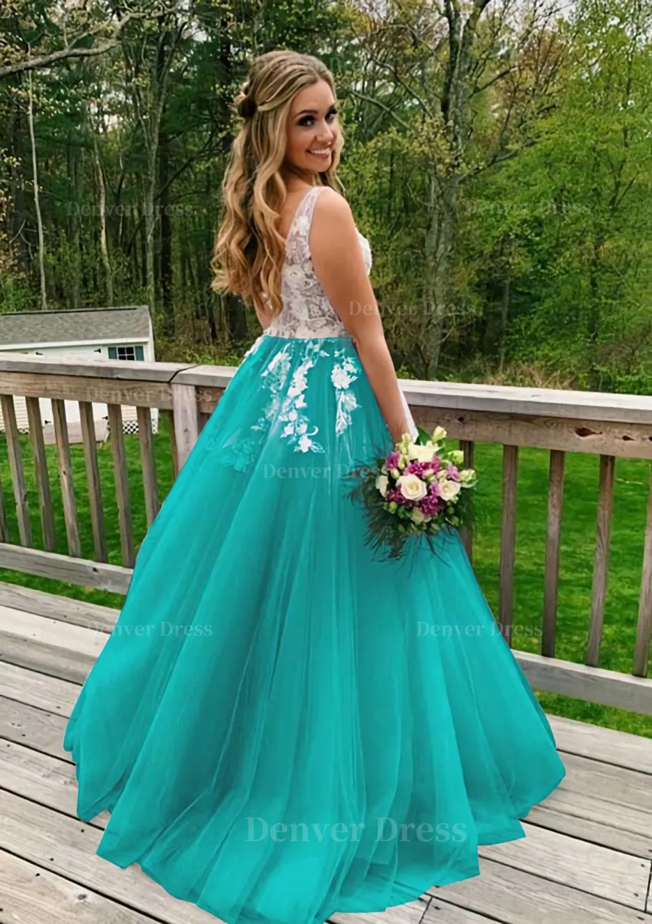 Princess V Neck Sweep Train Tulle Prom Dress With Appliqued