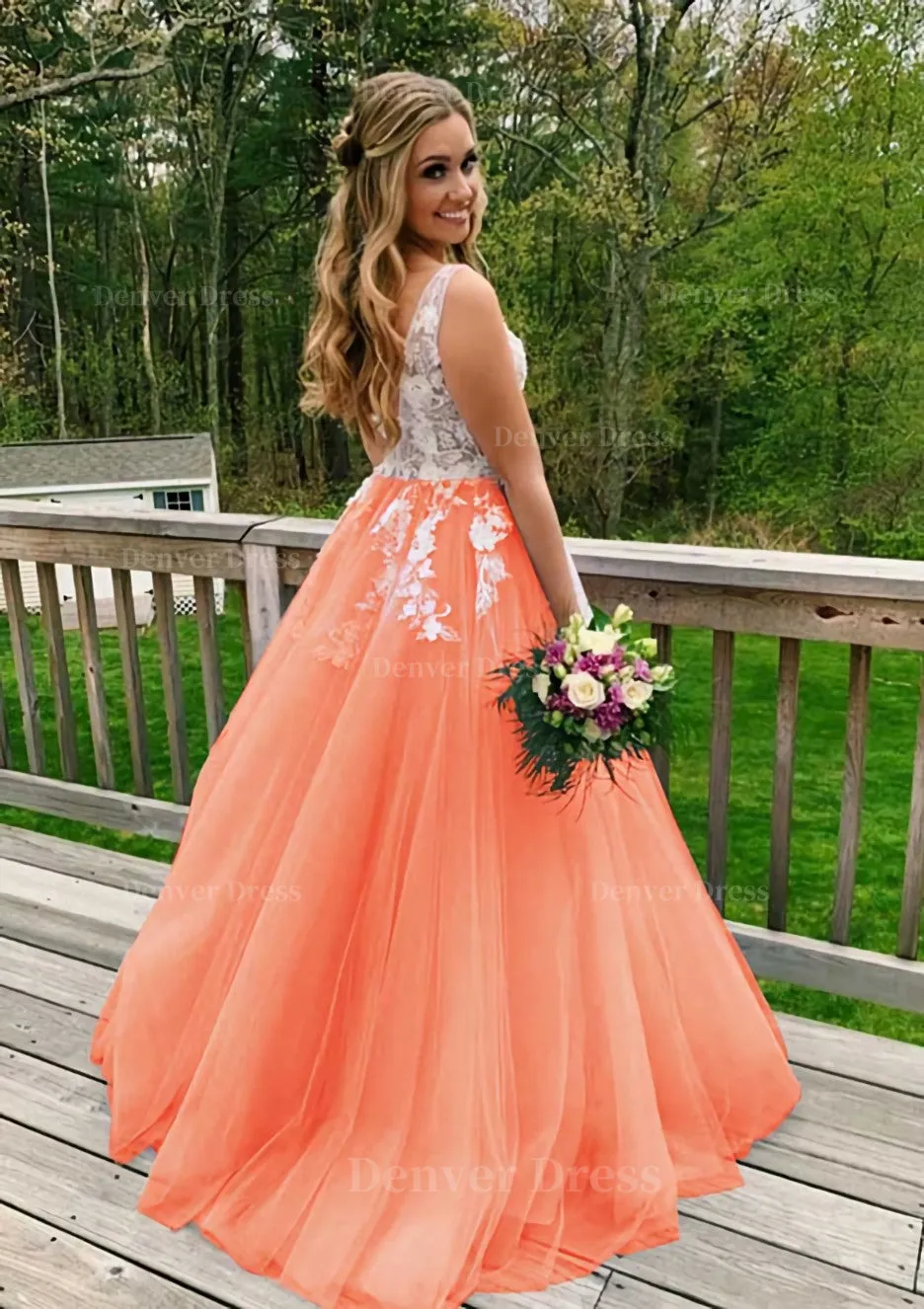 Princess V Neck Sweep Train Tulle Prom Dress With Appliqued