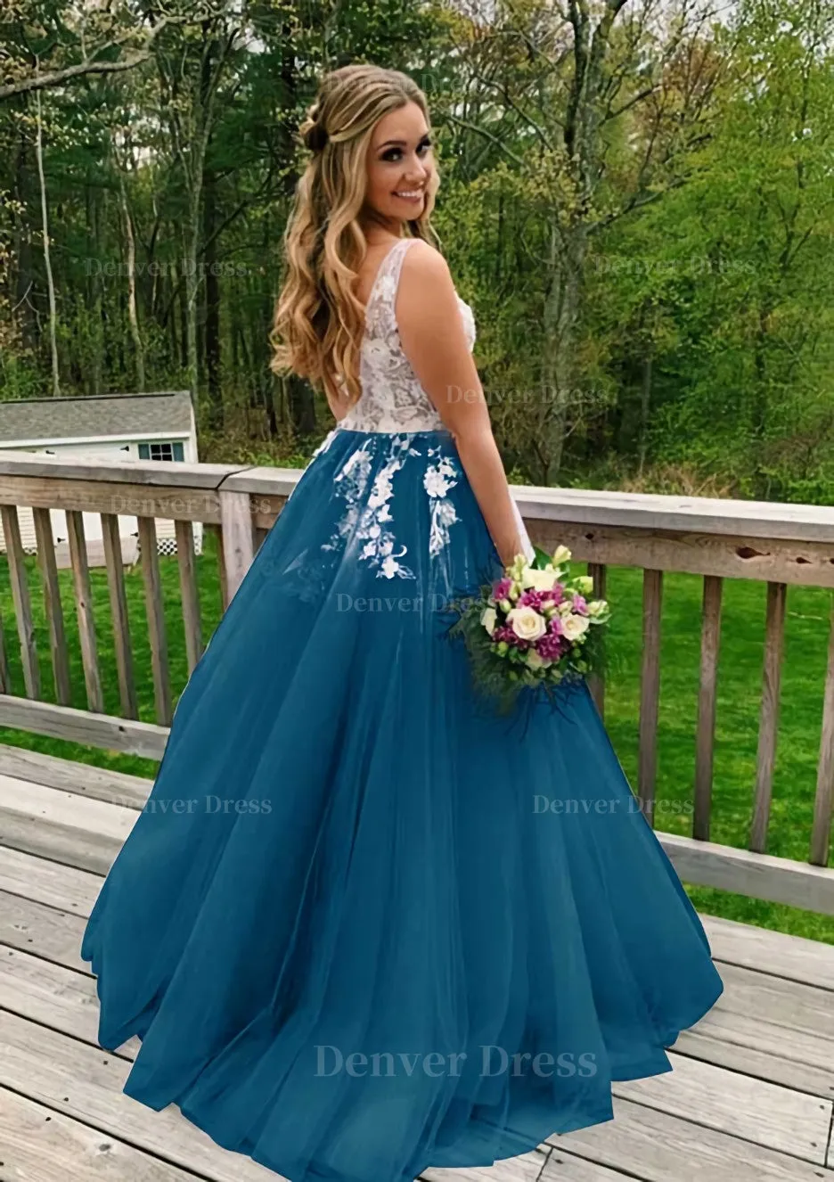 Princess V Neck Sweep Train Tulle Prom Dress With Appliqued