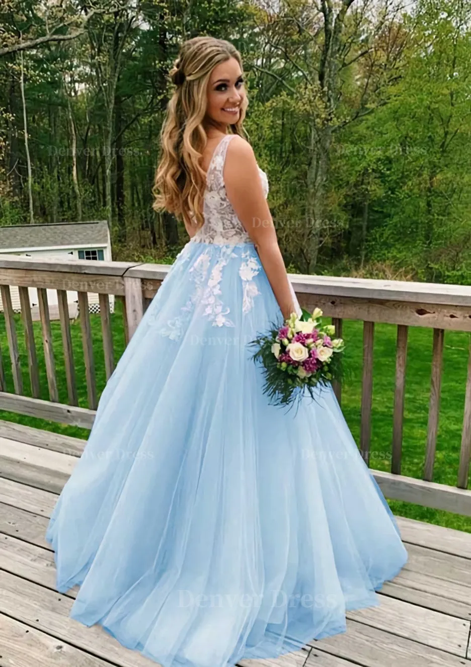 Princess V Neck Sweep Train Tulle Prom Dress With Appliqued