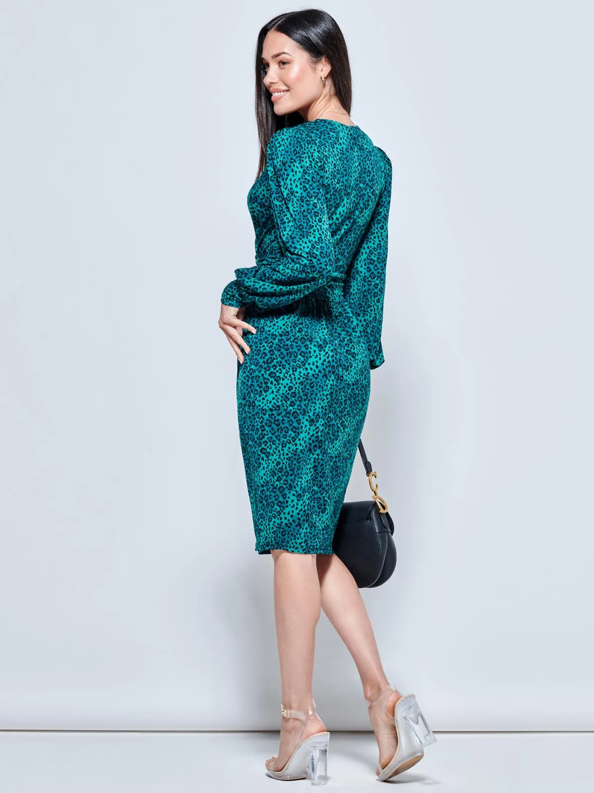 Print Long Sleeve Jersey Work Dress, Green Animal