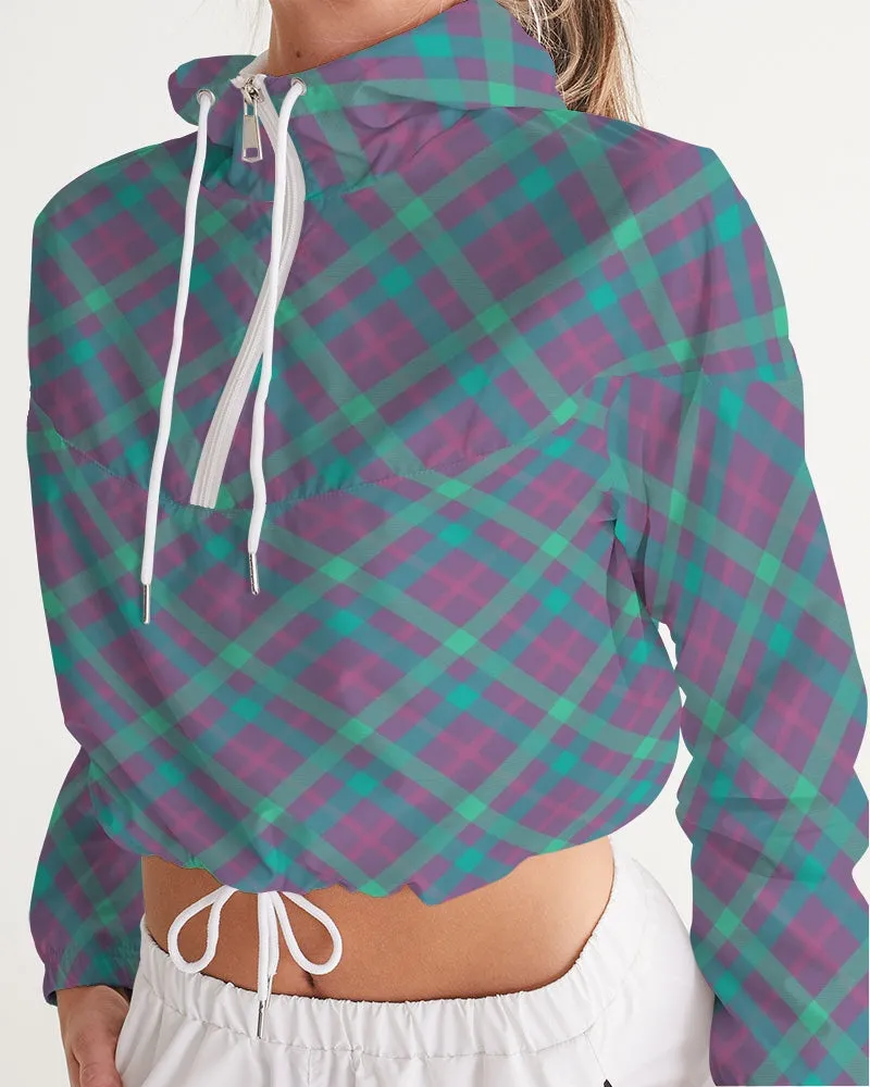 Purple & Green Tartan Women's Cropped Windbreaker Hooded Jacket