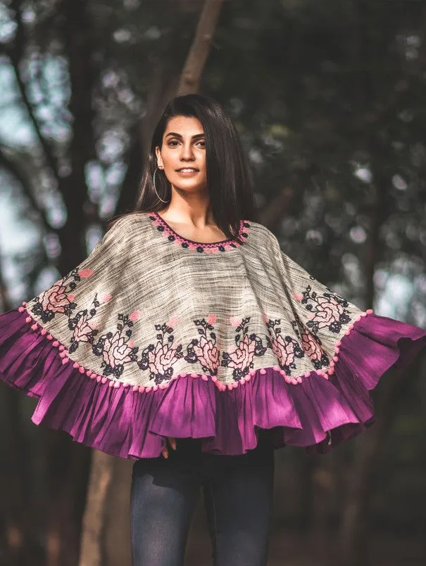 Purple Frill Slub Khadi Poncho