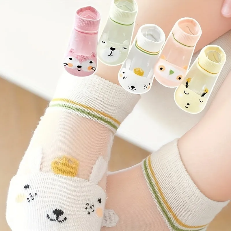 Rabbit Pattern 5 Pairs Girls Short Socks, Comfy Breathable Sweat Resistant Anti-odor Socks For Spring Summer