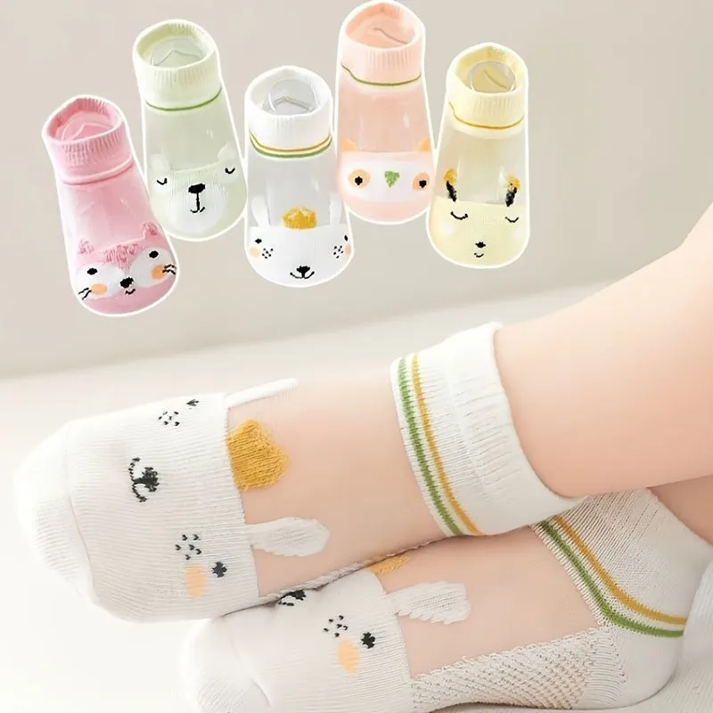 Rabbit Pattern 5 Pairs Girls Short Socks, Comfy Breathable Sweat Resistant Anti-odor Socks For Spring Summer