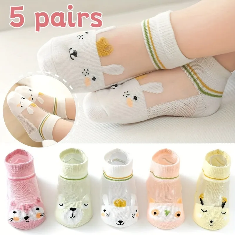 Rabbit Pattern 5 Pairs Girls Short Socks, Comfy Breathable Sweat Resistant Anti-odor Socks For Spring Summer