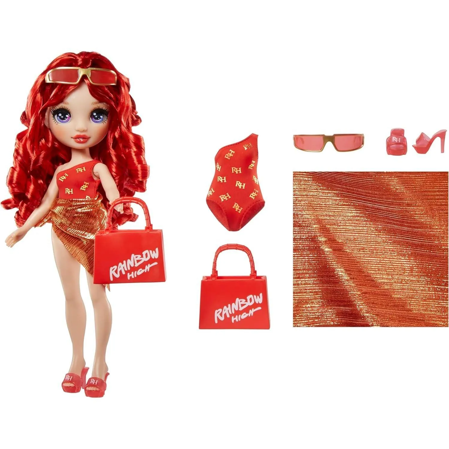 Rainbow High Swim & Style Ruby, Red 11" Fashion Doll with Shimmery Wrap to Style 10  Ways, Removable Swimsuit, Sandals