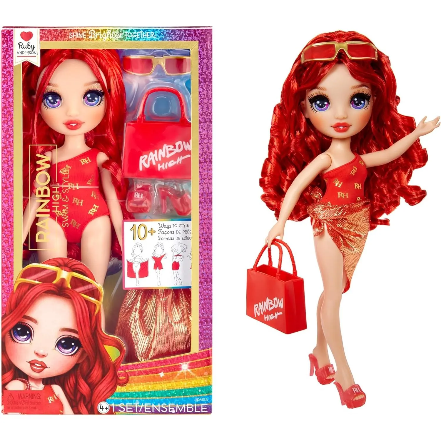 Rainbow High Swim & Style Ruby, Red 11" Fashion Doll with Shimmery Wrap to Style 10  Ways, Removable Swimsuit, Sandals