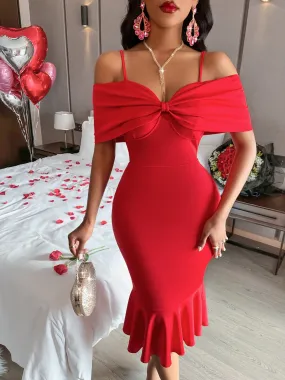 Red Off The Shoulder Dress Women's Sexy Spaghetti Strap Fishtail Wrap Dress