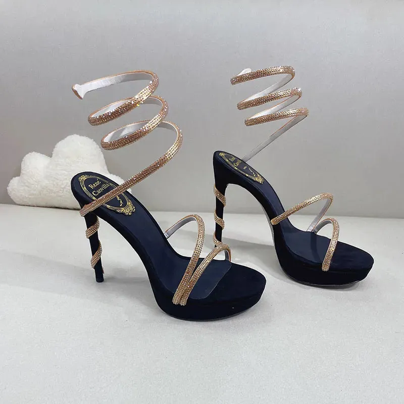 Rene Caovilla Cleo sandals Pearl Crystals Gem Embellished stiletto Heels Evening shoes women high heeled Luxury Designers Wraparound Dress shoes factory footwear