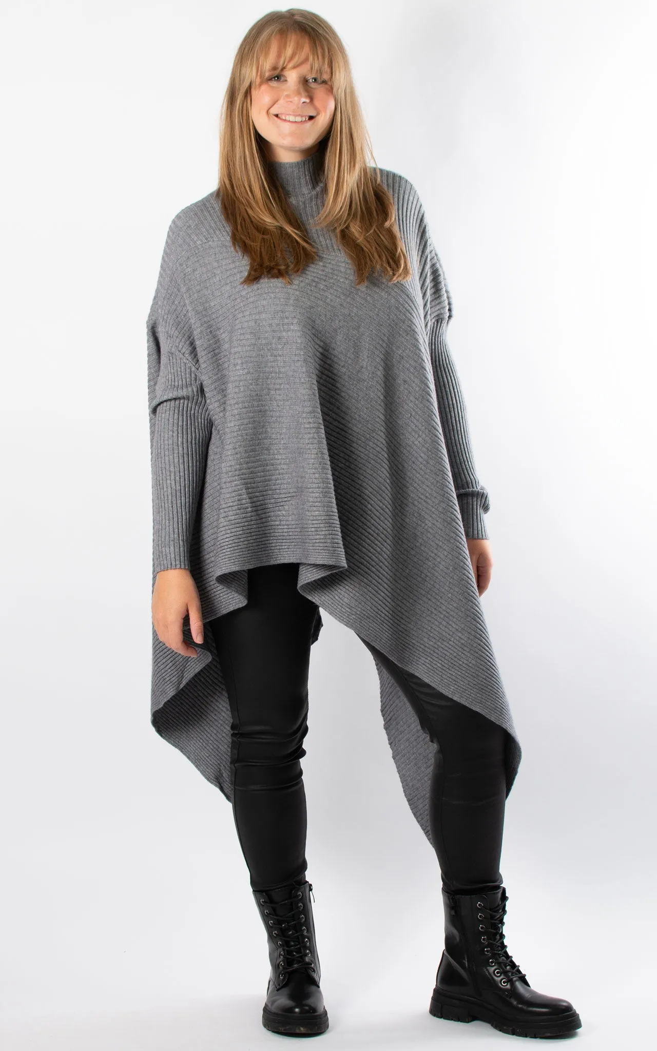 Ribbed Poncho | Grey