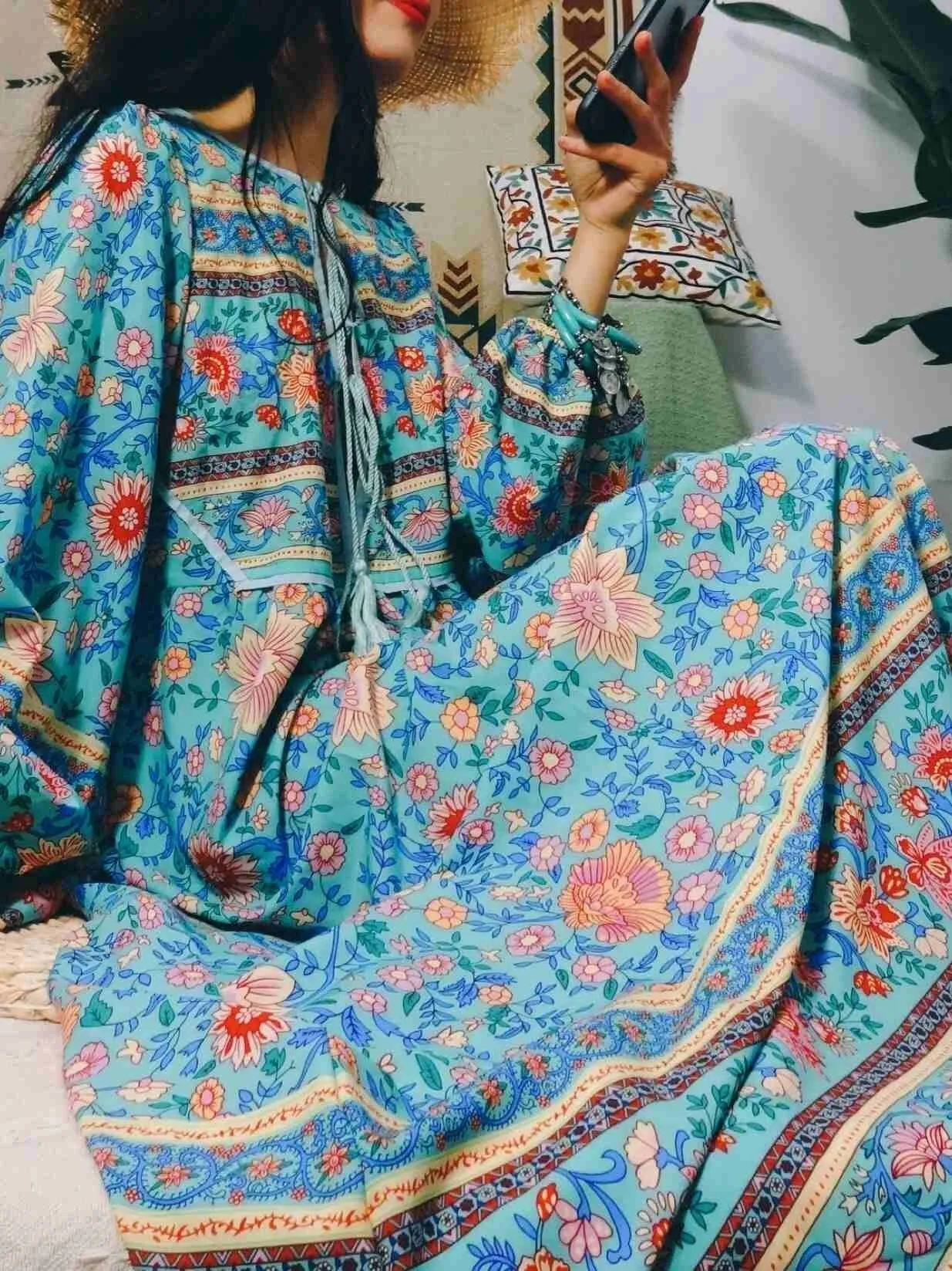 Romantic Blue Floral 3/4 Sleeve Bohemia Dress Maxi Dress