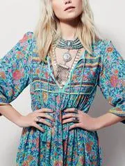 Romantic Blue Floral 3/4 Sleeve Bohemia Dress Maxi Dress