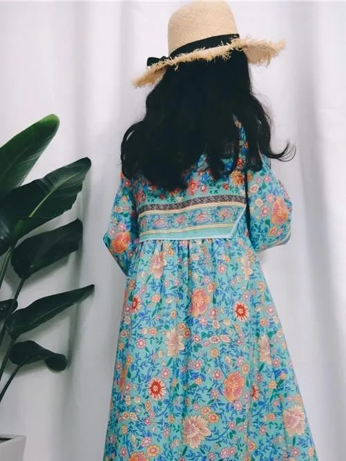 Romantic Blue Floral 3/4 Sleeve Bohemia Dress Maxi Dress