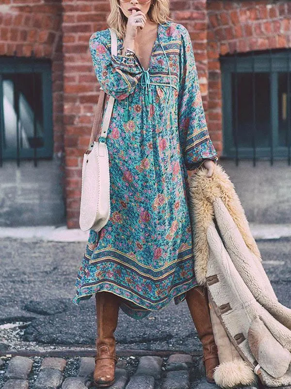 Romantic Blue Floral 3/4 Sleeve Bohemia Dress Maxi Dress