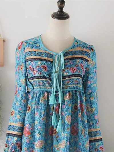 Romantic Blue Floral 3/4 Sleeve Bohemia Dress Maxi Dress