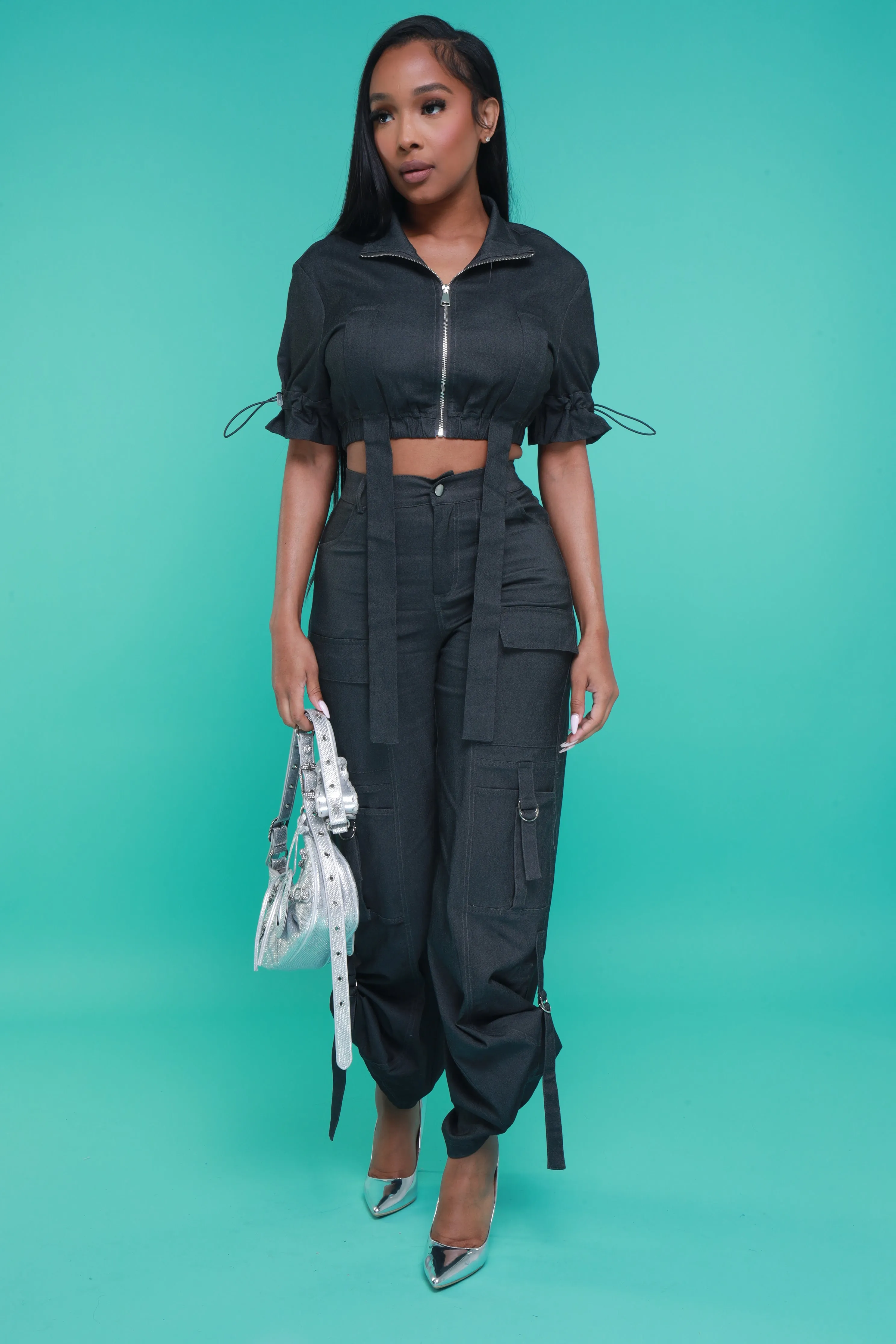 Runner Up Cropped Cargo Pants Set - Black Denim