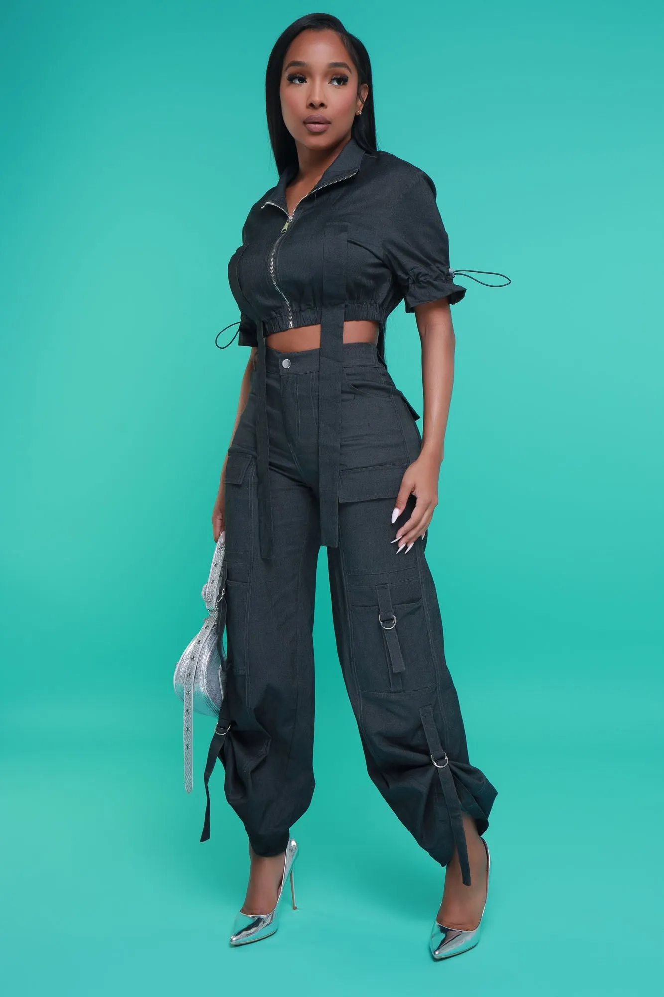 Runner Up Cropped Cargo Pants Set - Black Denim