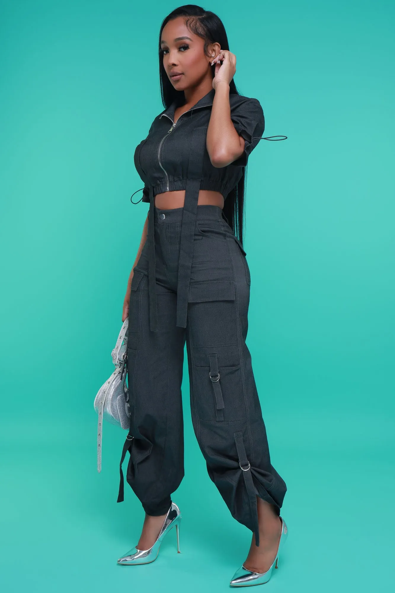 Runner Up Cropped Cargo Pants Set - Black Denim