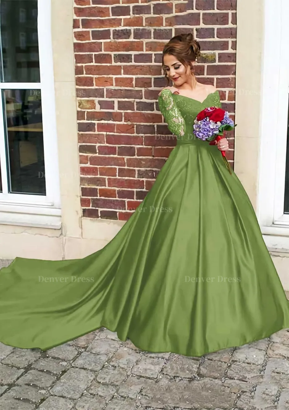 Satin Prom Dress Ball Gown V-Neck Cathedral Train With Lace