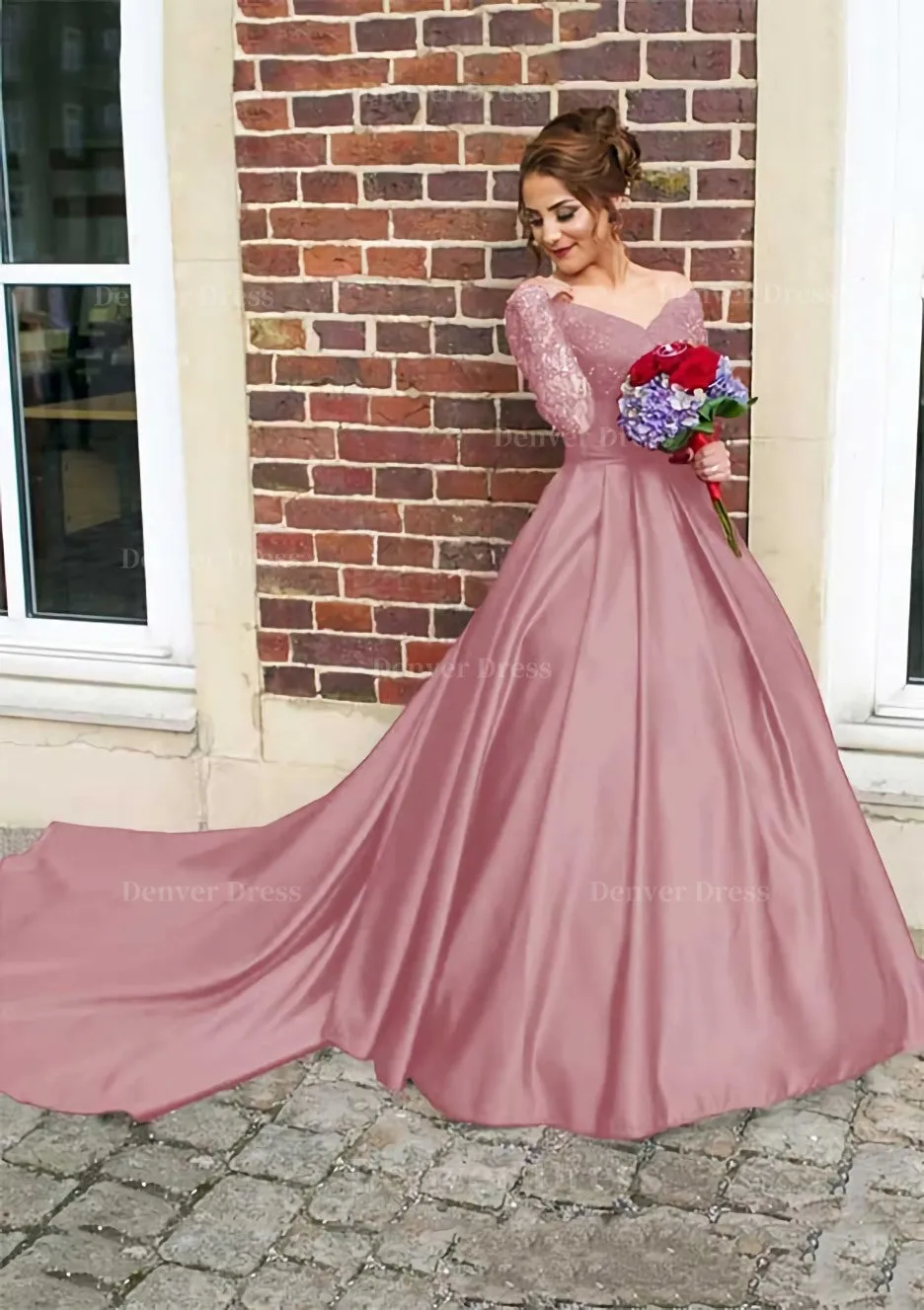 Satin Prom Dress Ball Gown V-Neck Cathedral Train With Lace