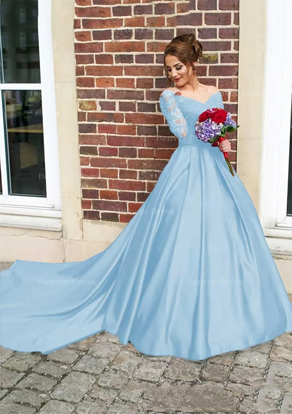 Satin Prom Dress Ball Gown V-Neck Cathedral Train With Lace