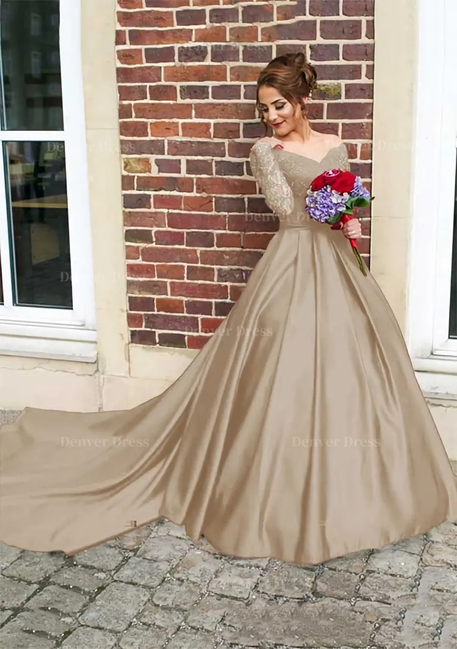 Satin Prom Dress Ball Gown V-Neck Cathedral Train With Lace