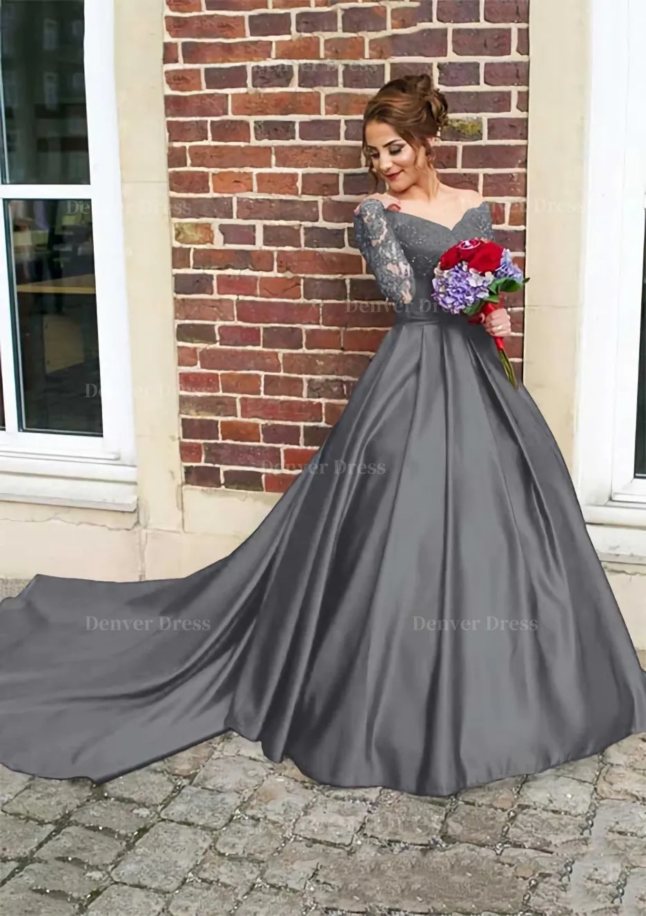 Satin Prom Dress Ball Gown V-Neck Cathedral Train With Lace