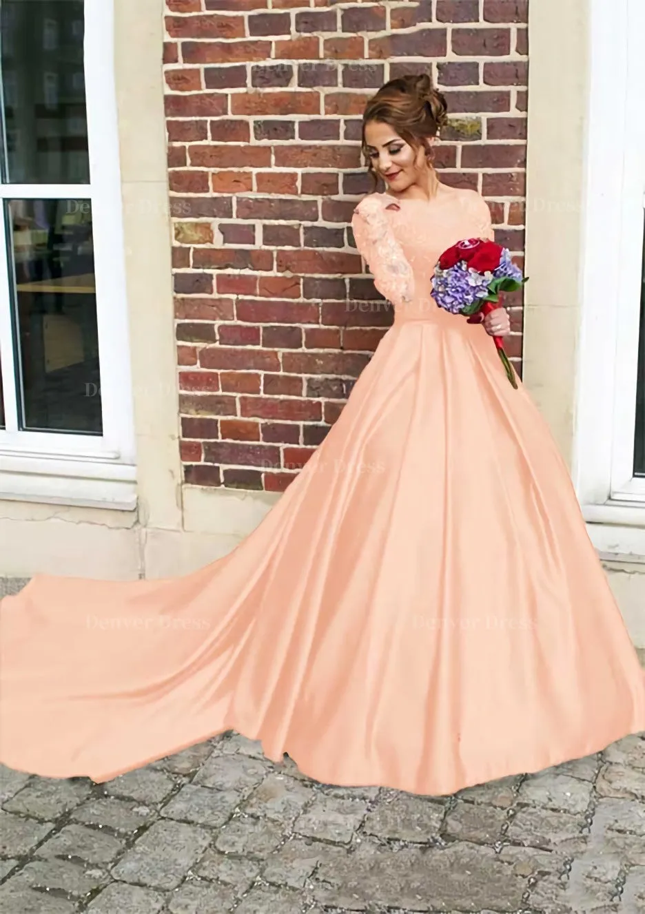 Satin Prom Dress Ball Gown V-Neck Cathedral Train With Lace