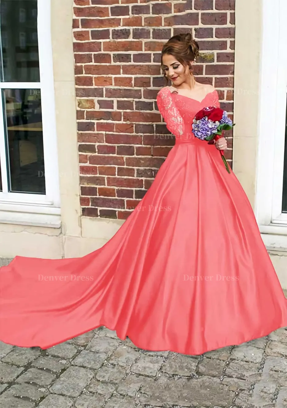 Satin Prom Dress Ball Gown V-Neck Cathedral Train With Lace