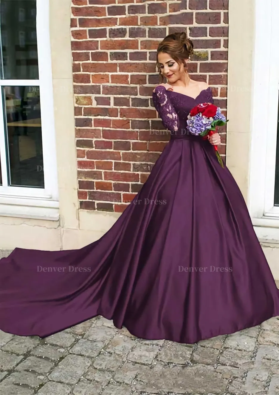 Satin Prom Dress Ball Gown V-Neck Cathedral Train With Lace