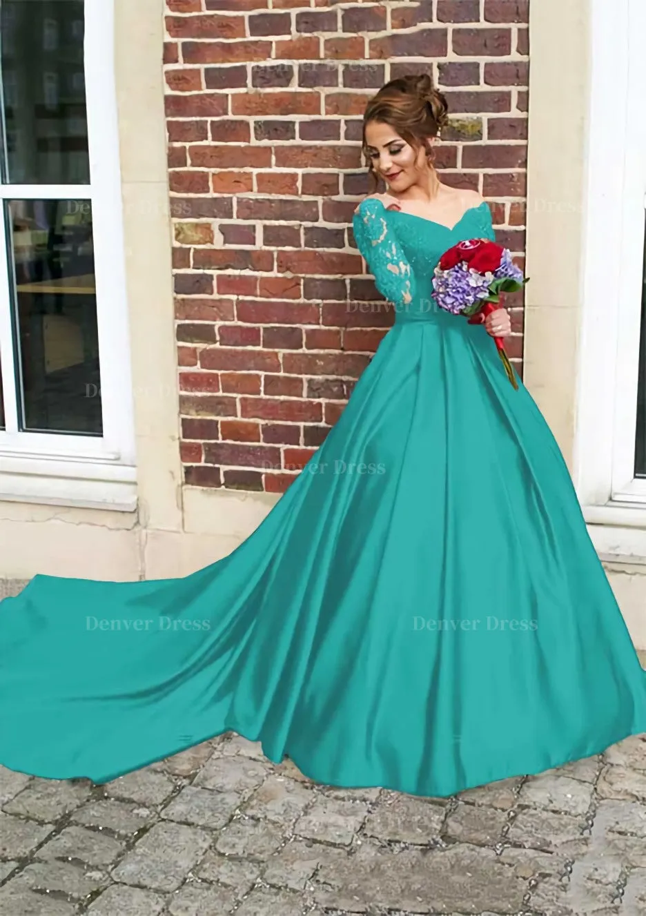 Satin Prom Dress Ball Gown V-Neck Cathedral Train With Lace