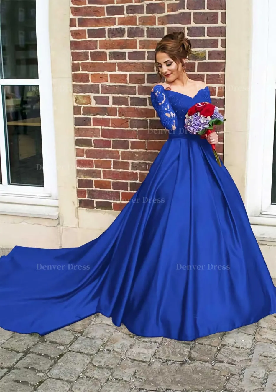 Satin Prom Dress Ball Gown V-Neck Cathedral Train With Lace