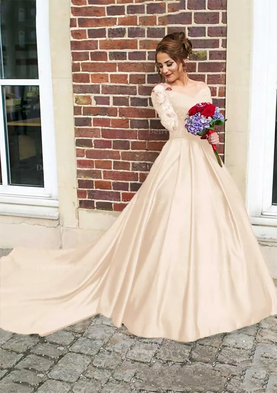 Satin Prom Dress Ball Gown V-Neck Cathedral Train With Lace