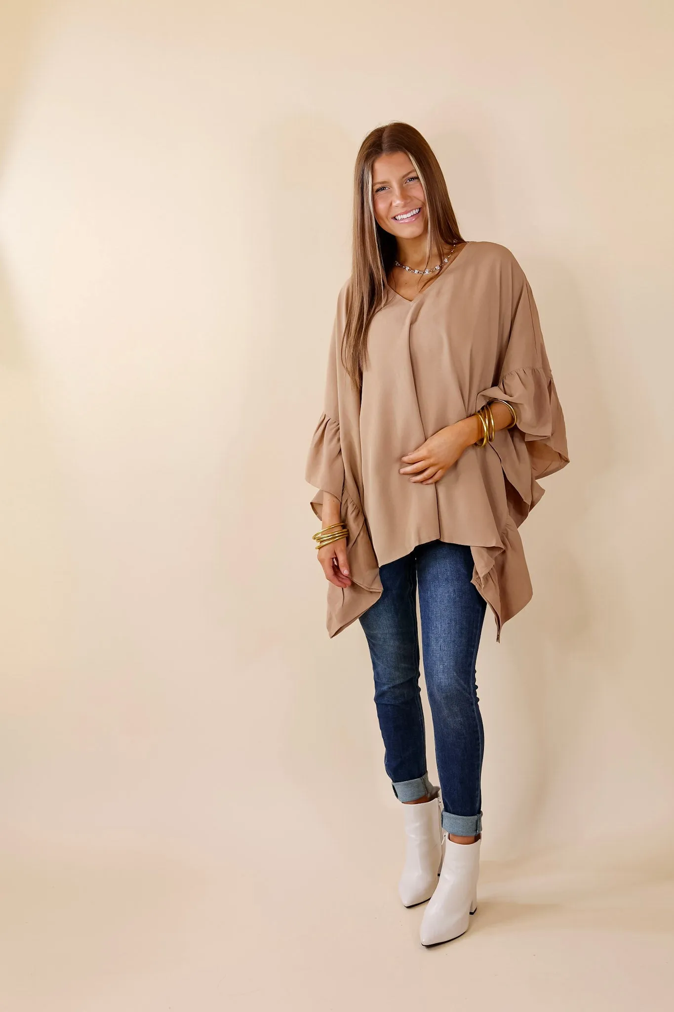 Secret Strength Ruffle Detail Poncho Top in Mocha Brown