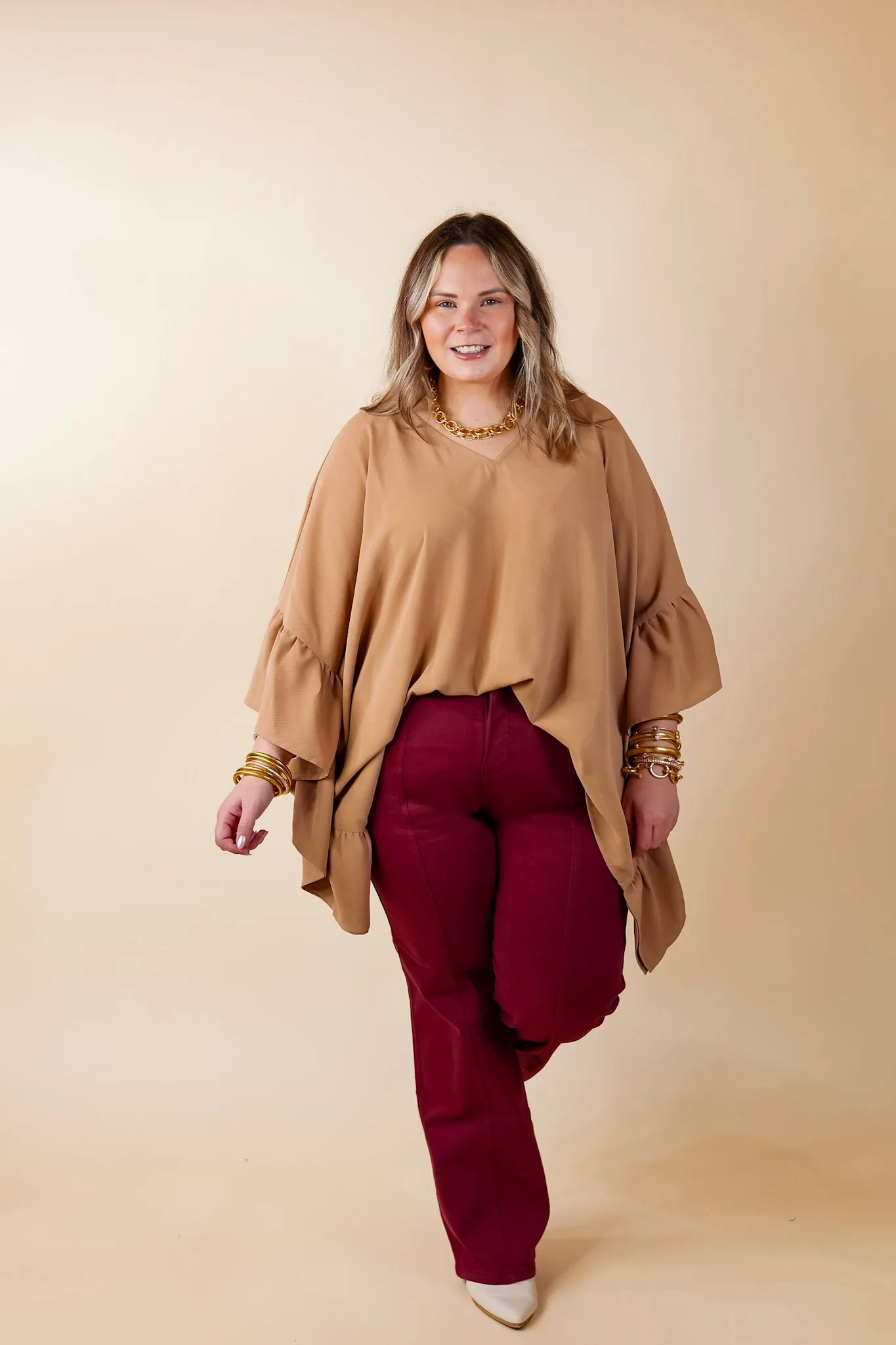 Secret Strength Ruffle Detail Poncho Top in Mocha Brown