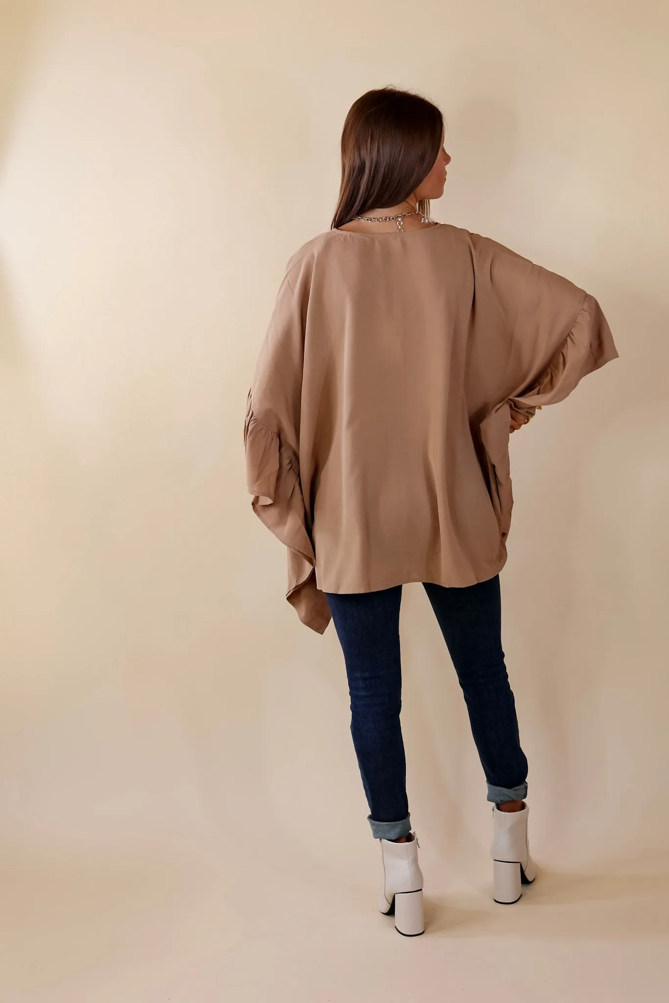 Secret Strength Ruffle Detail Poncho Top in Mocha Brown