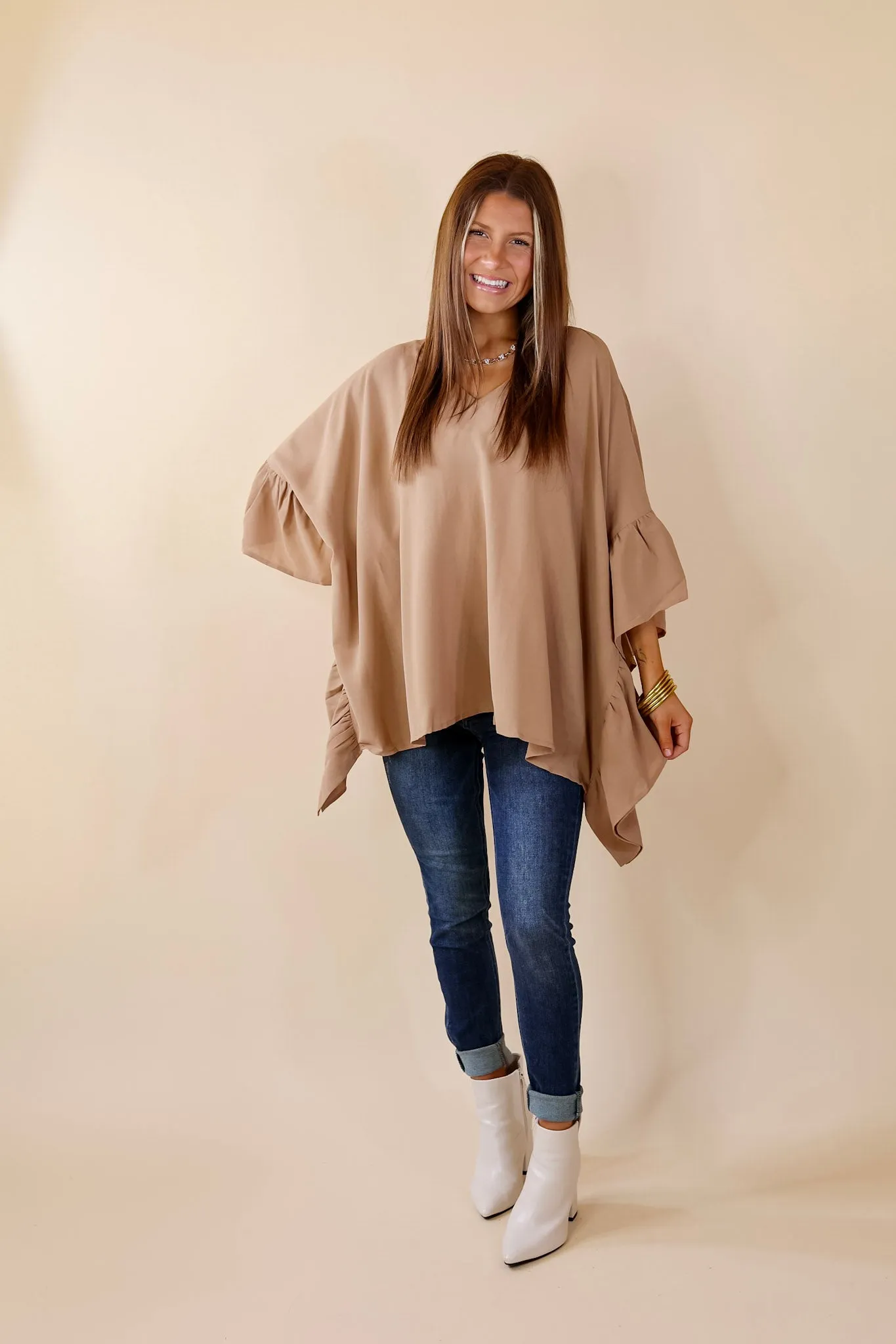 Secret Strength Ruffle Detail Poncho Top in Mocha Brown