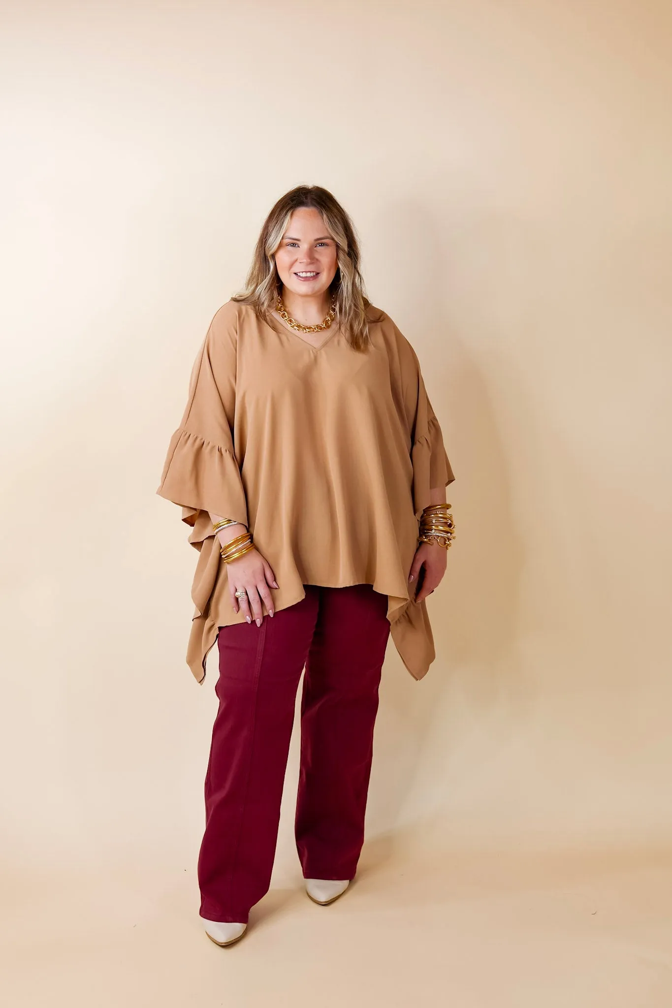 Secret Strength Ruffle Detail Poncho Top in Mocha Brown