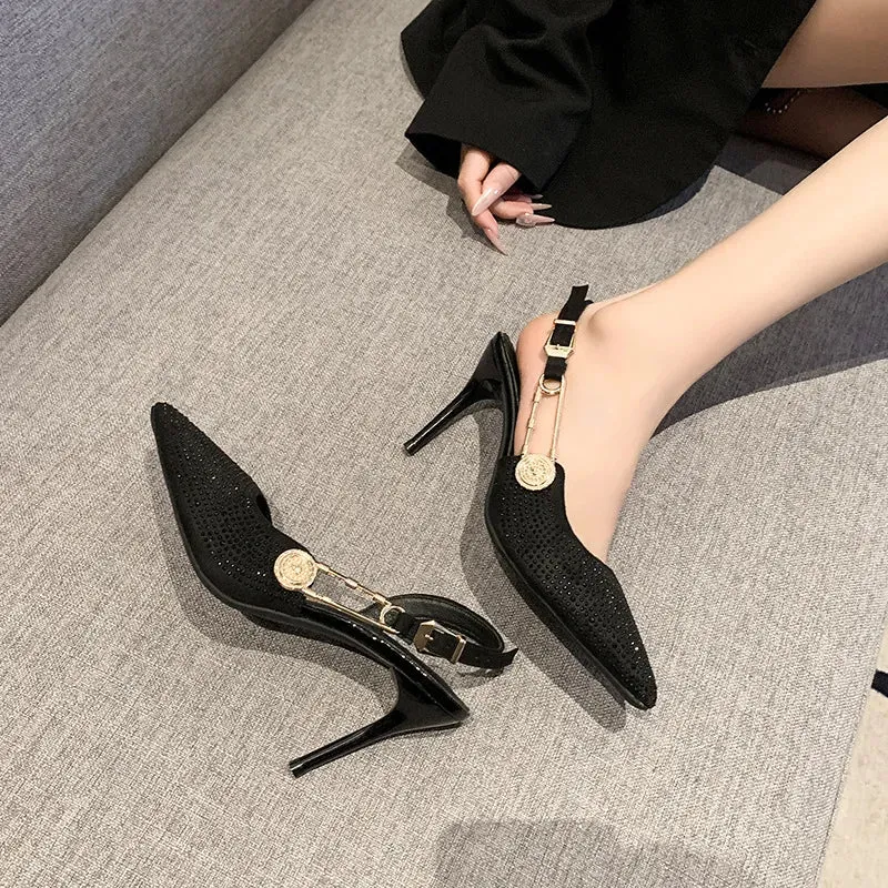 Sexy Black High Heel Shoes for Women  New Gold Buckle One line with Headband Sandals Summer 10CM Empty Single Shoes Free of Mail